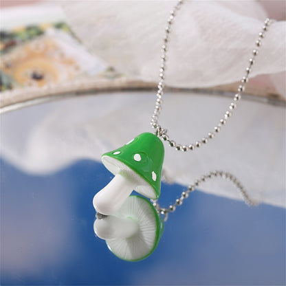 Green Resin and Silver-Plated Ball Chain Mushroom Pendant Necklace, silver pendant necklace for women, front view