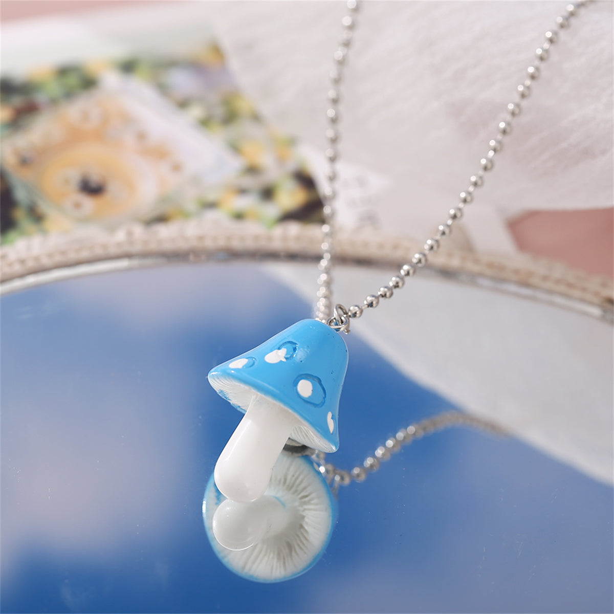 Blue Resin and Silver-Plated Ball Chain Mushroom Pendant Necklace, silver pendant necklace for women, front view