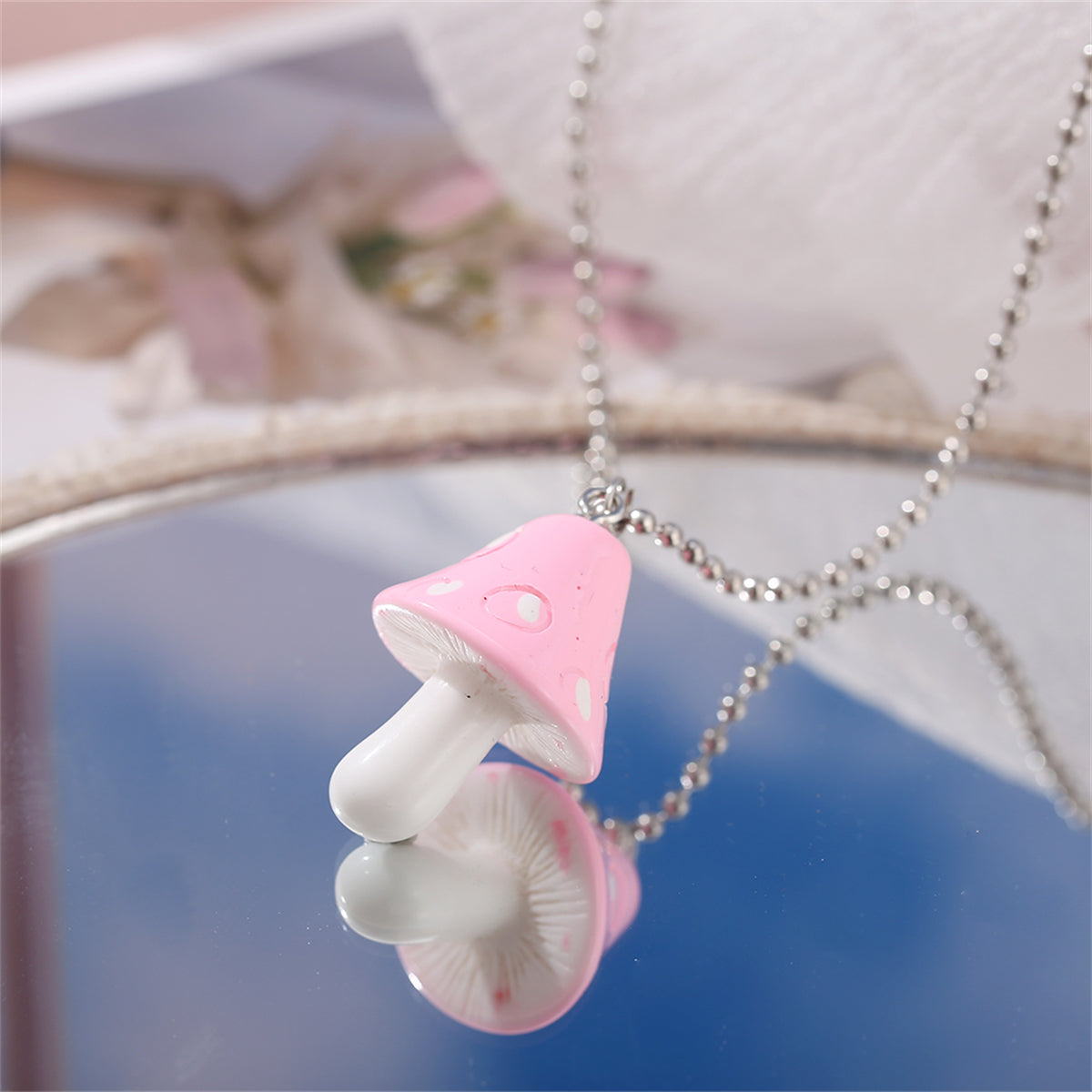 Pink Resin and Silver-Plated Ball Chain Mushroom Pendant Necklace, silver pendant necklace for women, front view