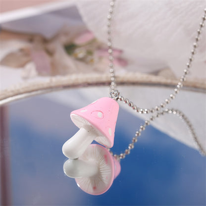 Pink Resin and Silver-Plated Ball Chain Mushroom Pendant Necklace, silver pendant necklace for women, front view