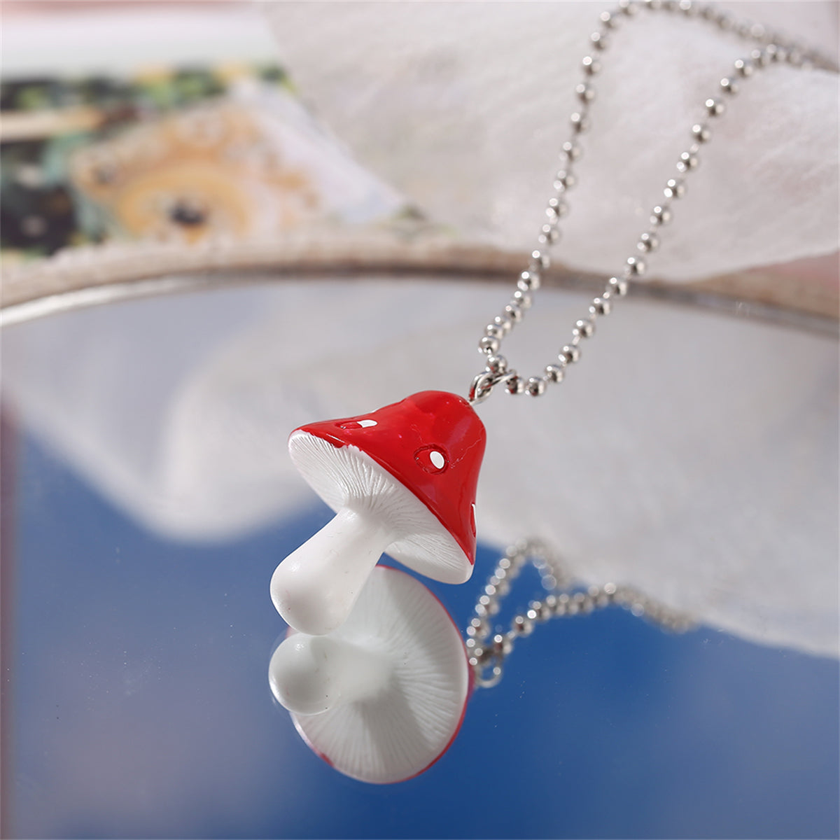 Red Resin and Silver-Plated Ball Chain Mushroom Pendant Necklace, silver pendant necklace for women, front view
