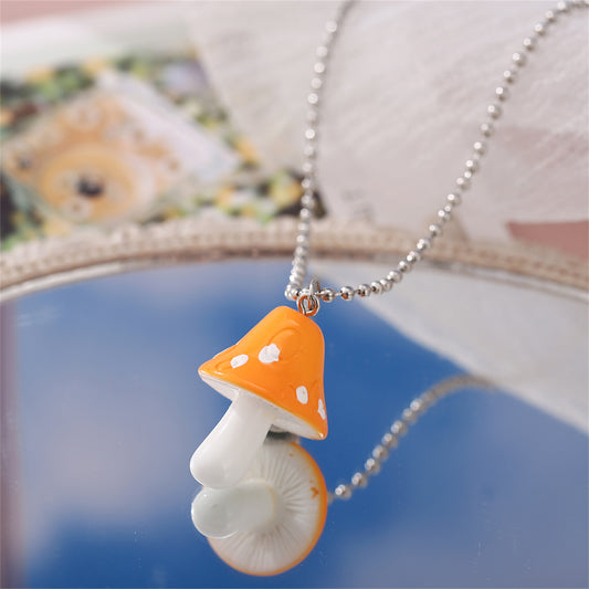 Orange Resin and Silver-Plated Ball Chain Mushroom Pendant Necklace, silver pendant necklace for women, front view