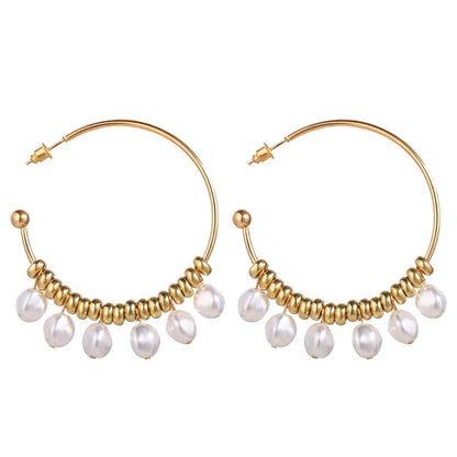 Pearl and 18K Gold-Plated Row Hoop Earring, gold hoop earrings for women, elegant gift for her, side view
