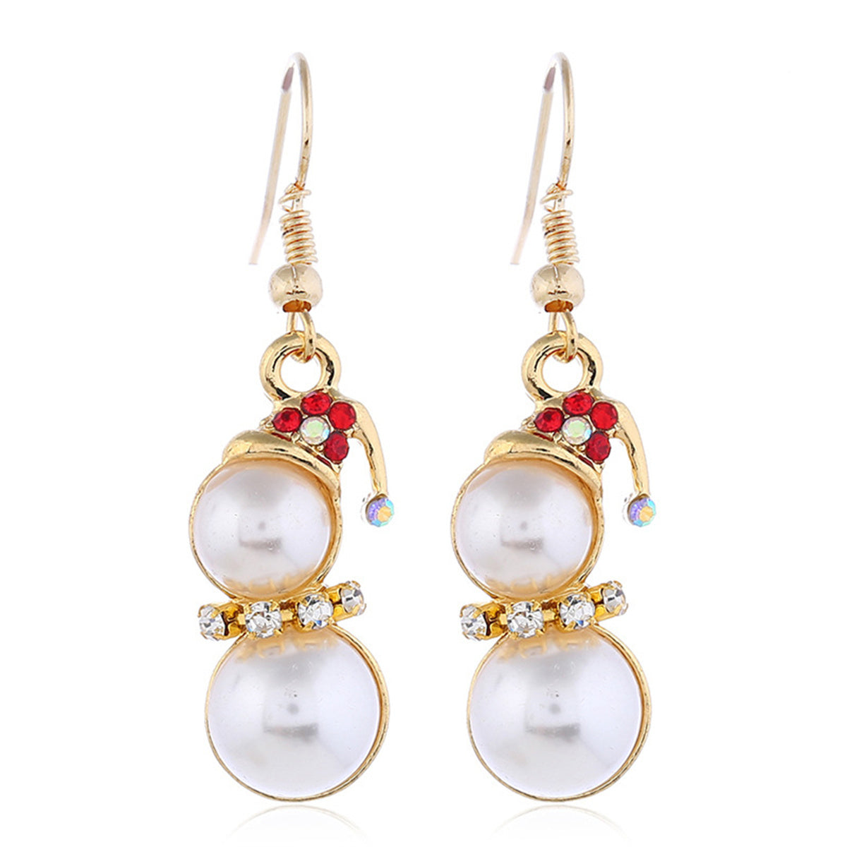 Red Cubic Zirconia and Pearl 18K Gold-Plated Snowman Pendant Necklace Set, gold drop earrings for women, side view