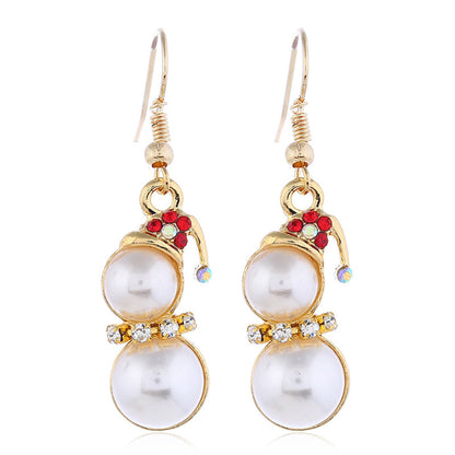 Red Cubic Zirconia and Pearl 18K Gold-Plated Snowman Pendant Necklace Set, gold drop earrings for women, side view