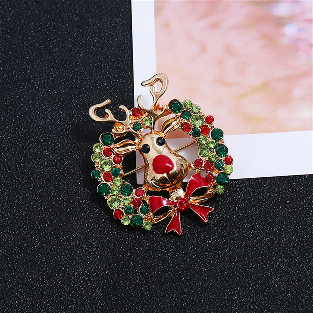 Cubic Zirconia and Enamel 18K Gold-Plated Reindeer Wreath Brooch, gold brooch pin, dainty minimalist design, side view