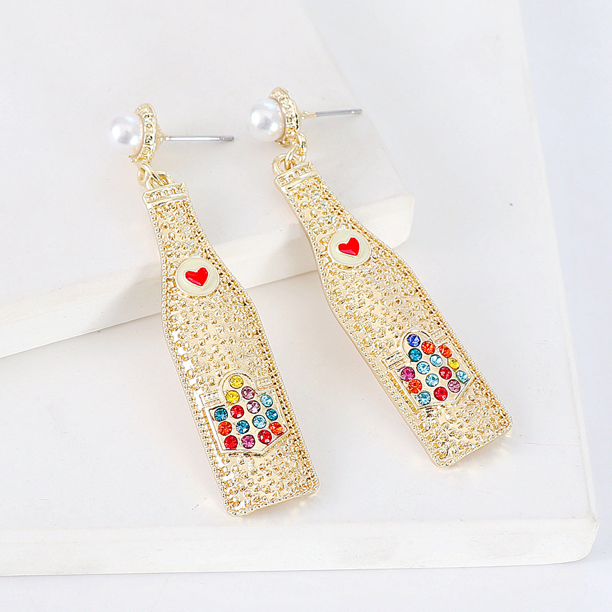 Cubic Zirconia and Pearl Wine Bottle Drop Earrings, drop earrings for women, botanical inspired, front view