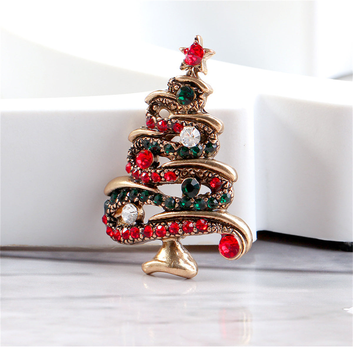 Red Cubic Zirconia and 18K Gold-Plated Christmas Tree Brooch, gold brooch pin, botanical inspired, styled look