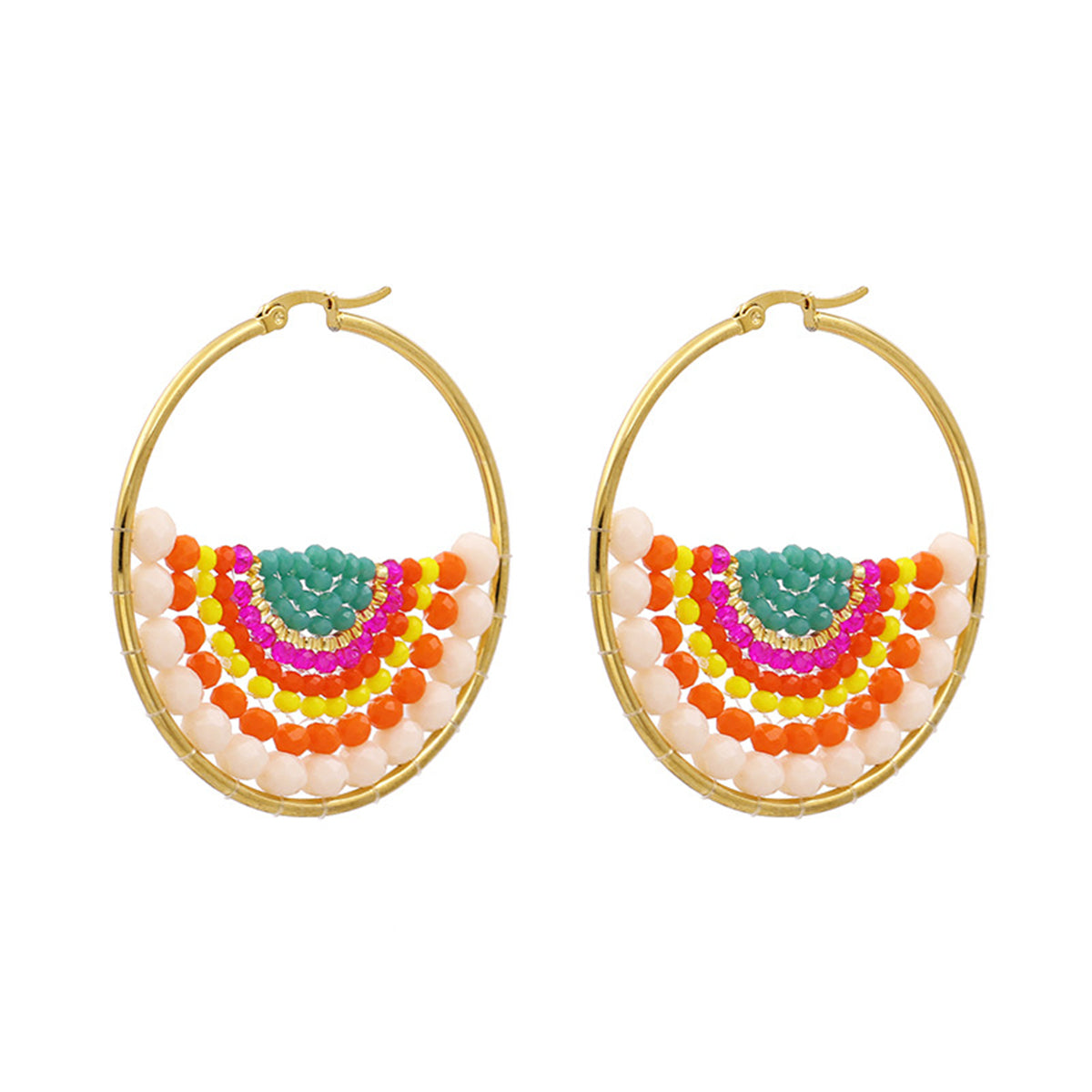 Red and Yellow Acrylic Bead Hoop Earrings, dainty minimalist design, front view