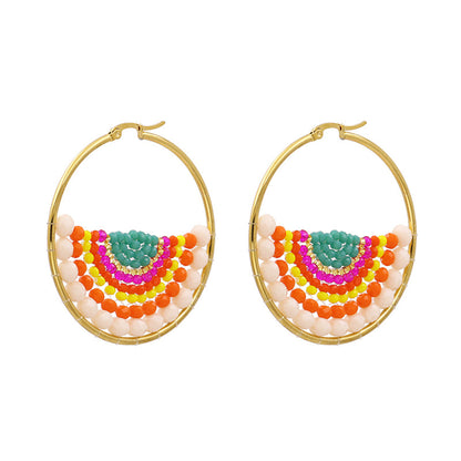 Red and Yellow Acrylic Bead Hoop Earrings, dainty minimalist design, front view