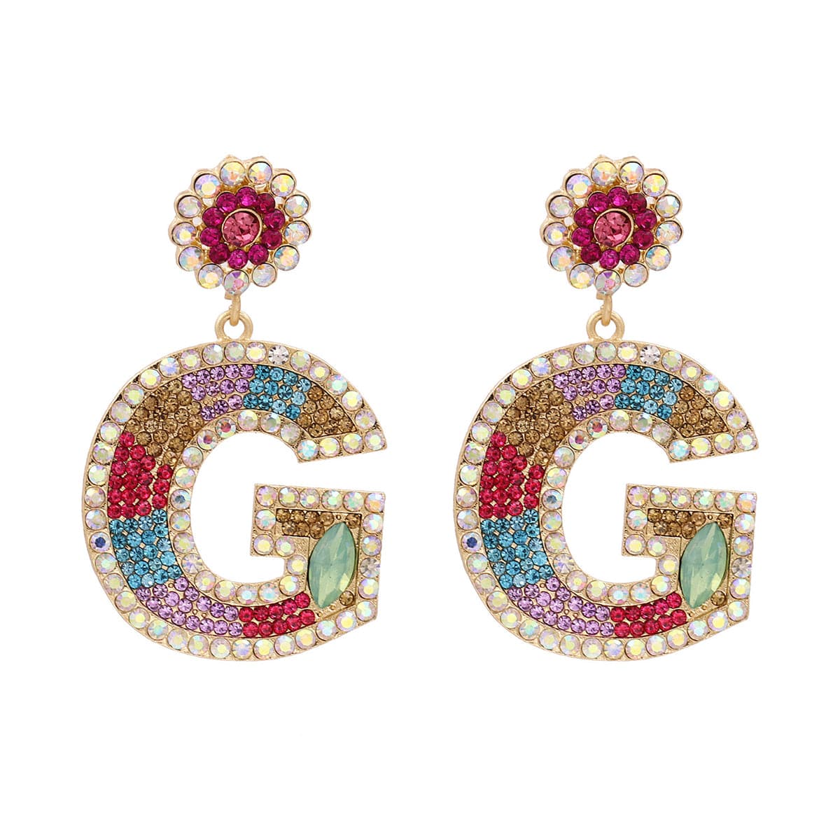 Blue & Pink Crystal & Cubic Zirconia 'G' Drop Earrings