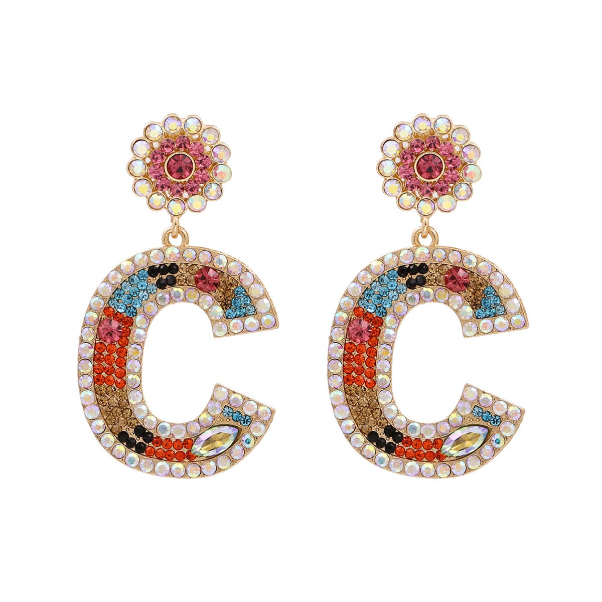 Blue & Pink Crystal & Cubic Zirconia 'C' Drop Earrings