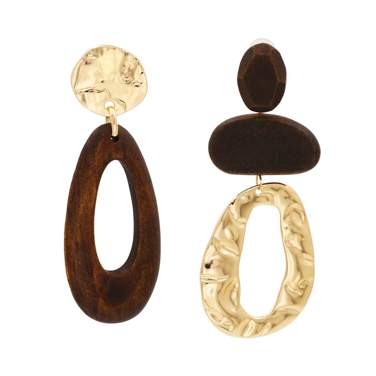 Wood and 18K Gold-Plated Geometric Mismatched Drop Earrings, gold drop earrings for women, botanical inspired, front view