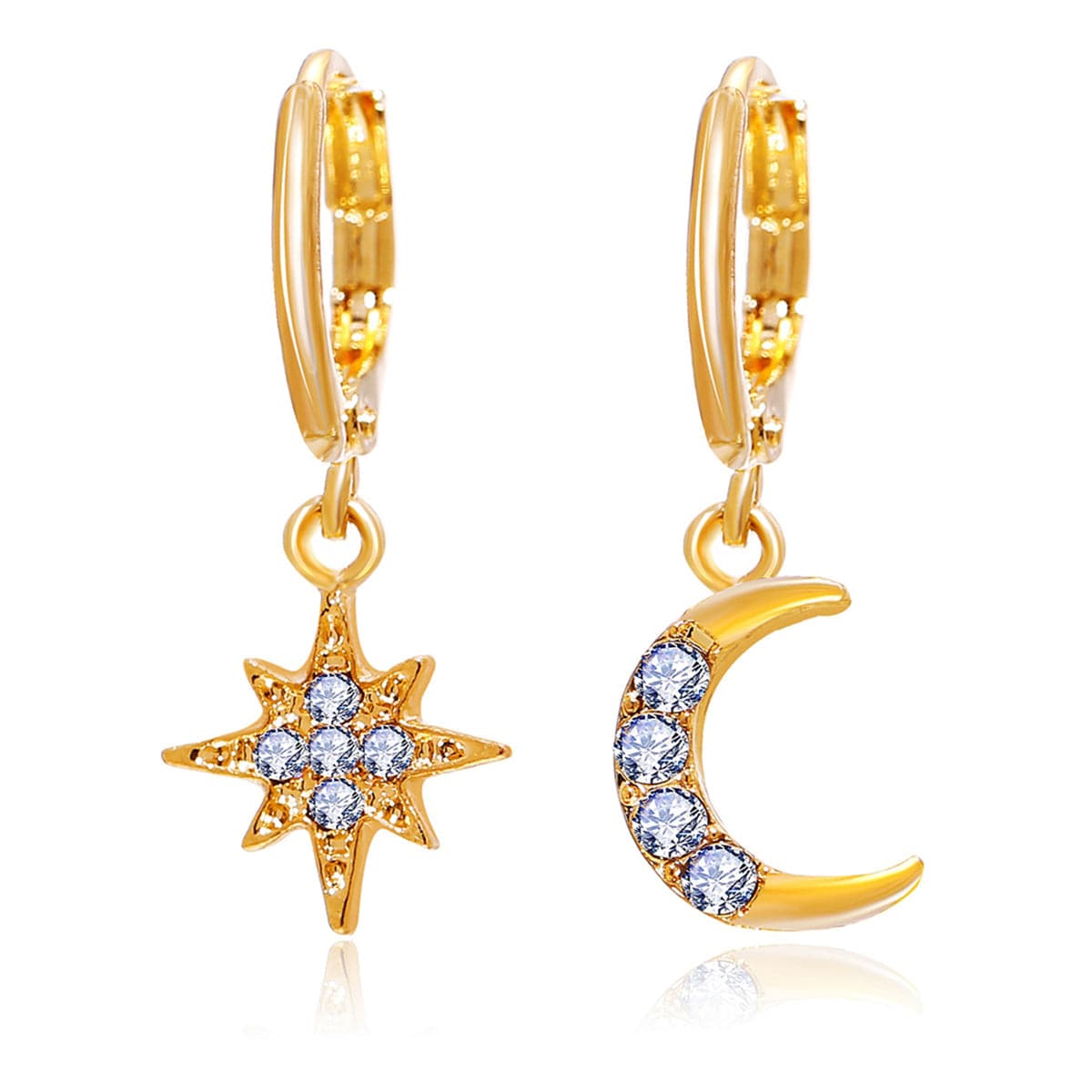 Cubic Zirconia and 18K Gold-Plated Moon and Star Drop Earrings, gold huggie earrings, elegant gift for her, side view