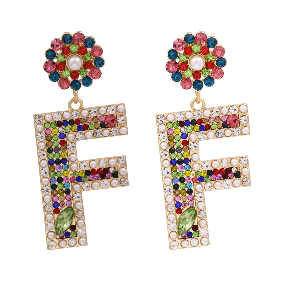 Colored Crystal & Cubic Zirconia Pearl Letter F Dangle Earring