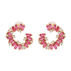 Pink Cubic Zirconia & 18K Gold-Plated Circle Stud Earrings