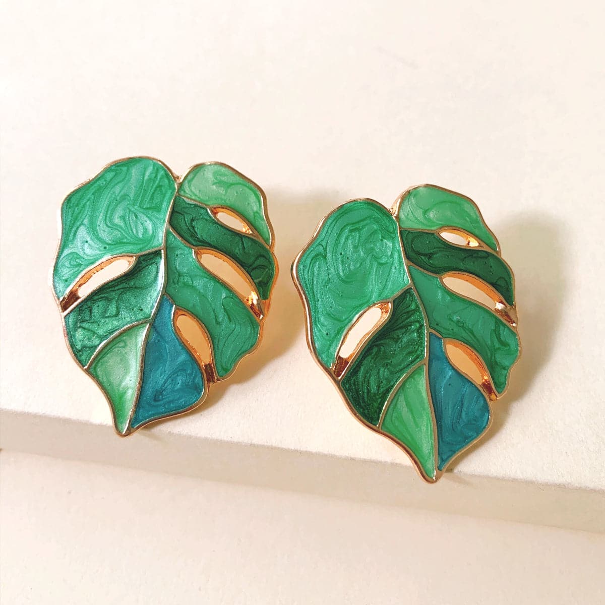 Green & 18K Gold-Plated Leaf Stud Earrings