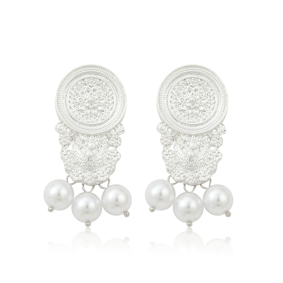 Pearl and Silver-Plated Carved Ornate Drop Earrings, silver drop earrings for women, vintage-inspired design, front view