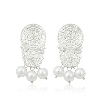 Pearl and Silver-Plated Carved Ornate Drop Earrings, silver drop earrings for women, vintage-inspired design, front view
