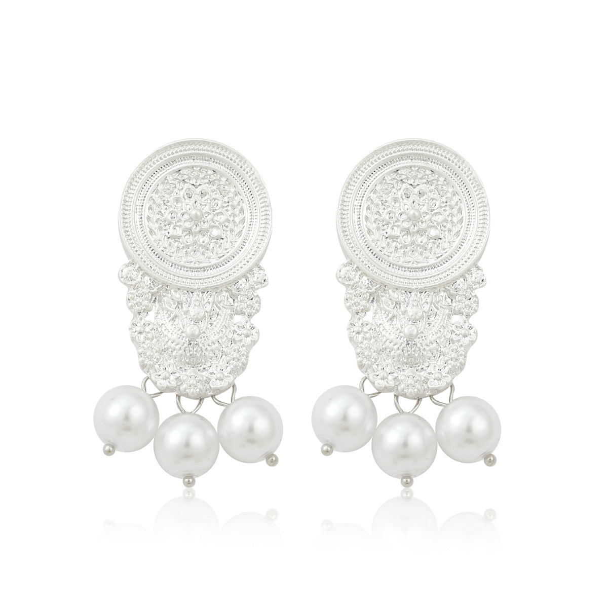 Pearl & Silver-Plated Carved Ornate Drop Earrings