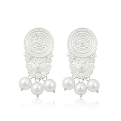 Pearl & Silver-Plated Carved Ornate Drop Earrings