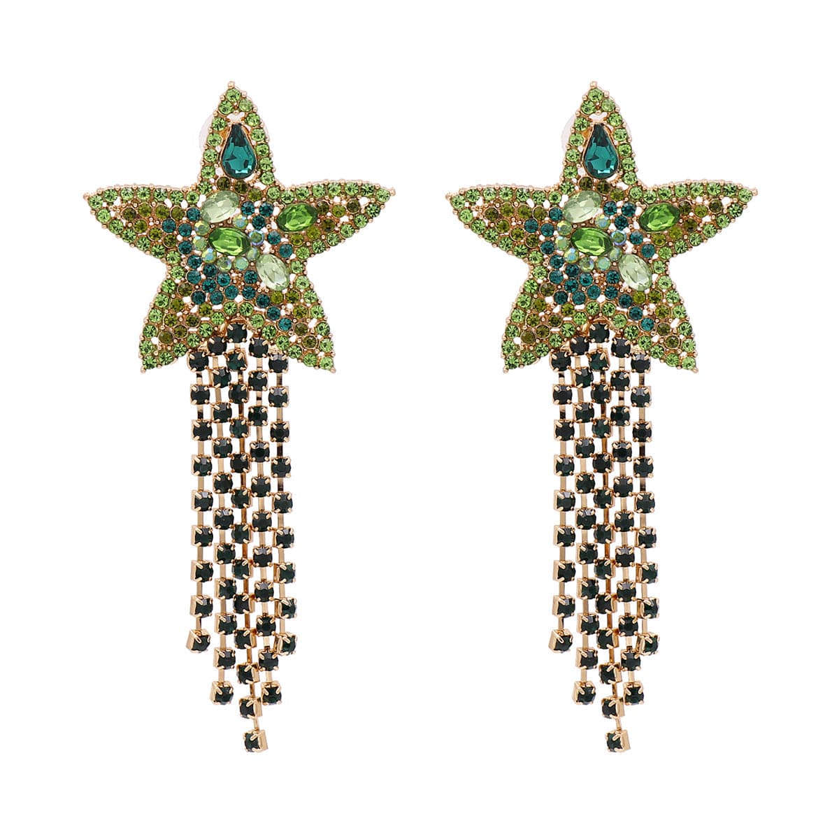 Green Crystal & Cubic Zirconia Star Fringe Drop Earrings