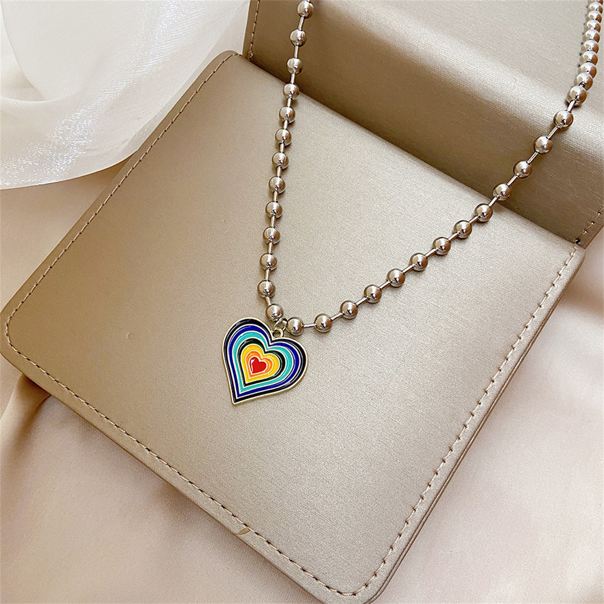 Rainbow Enamel and Silver-Plated Bead Chain Heart Pendant Necklace, silver pendant necklace for women, styled look