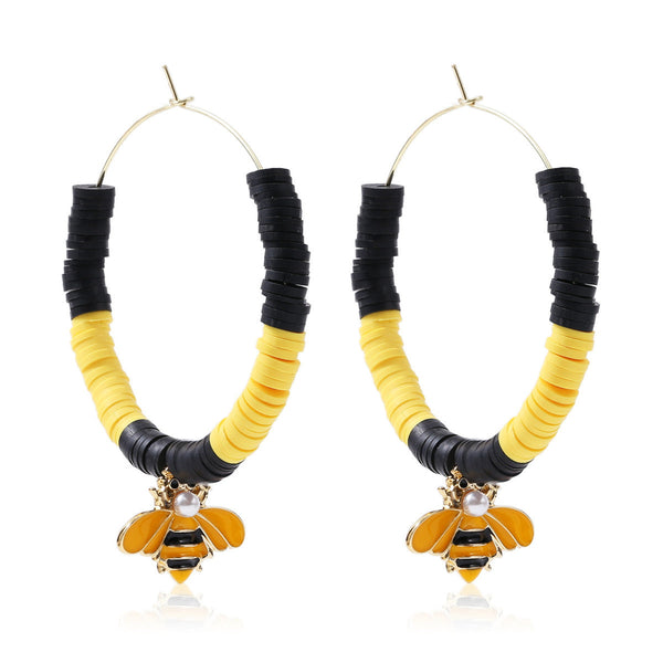 Imitation Pearl & Goldtone Bumblebee Beaded Hoop Earrings