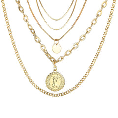 A luxurious stack of gold chains featuring a coin and a charming coin pendant, perfect for layering in style.
