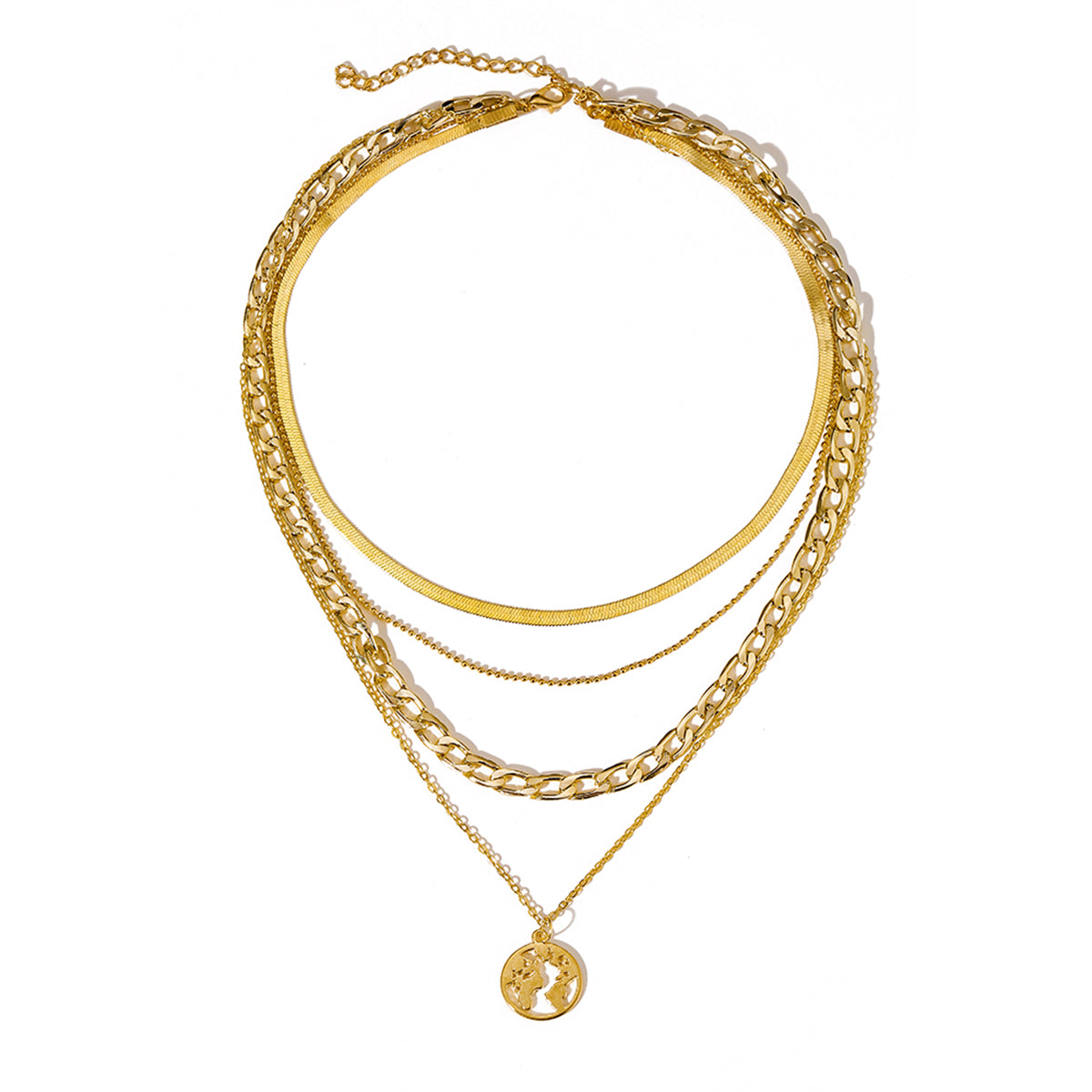 18K Gold-Plated Curb & Snake Chain Map Pendant Layered Necklace