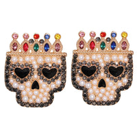 Red Multicolor Crystal & Cubic Zirconia Crowned Skull Stud Earrings