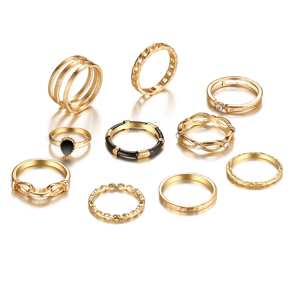 Cubic Zirconia and Enamel 18K Gold-Plated Layered Ring Set, jewelry gift sets for women, botanical inspired, side view