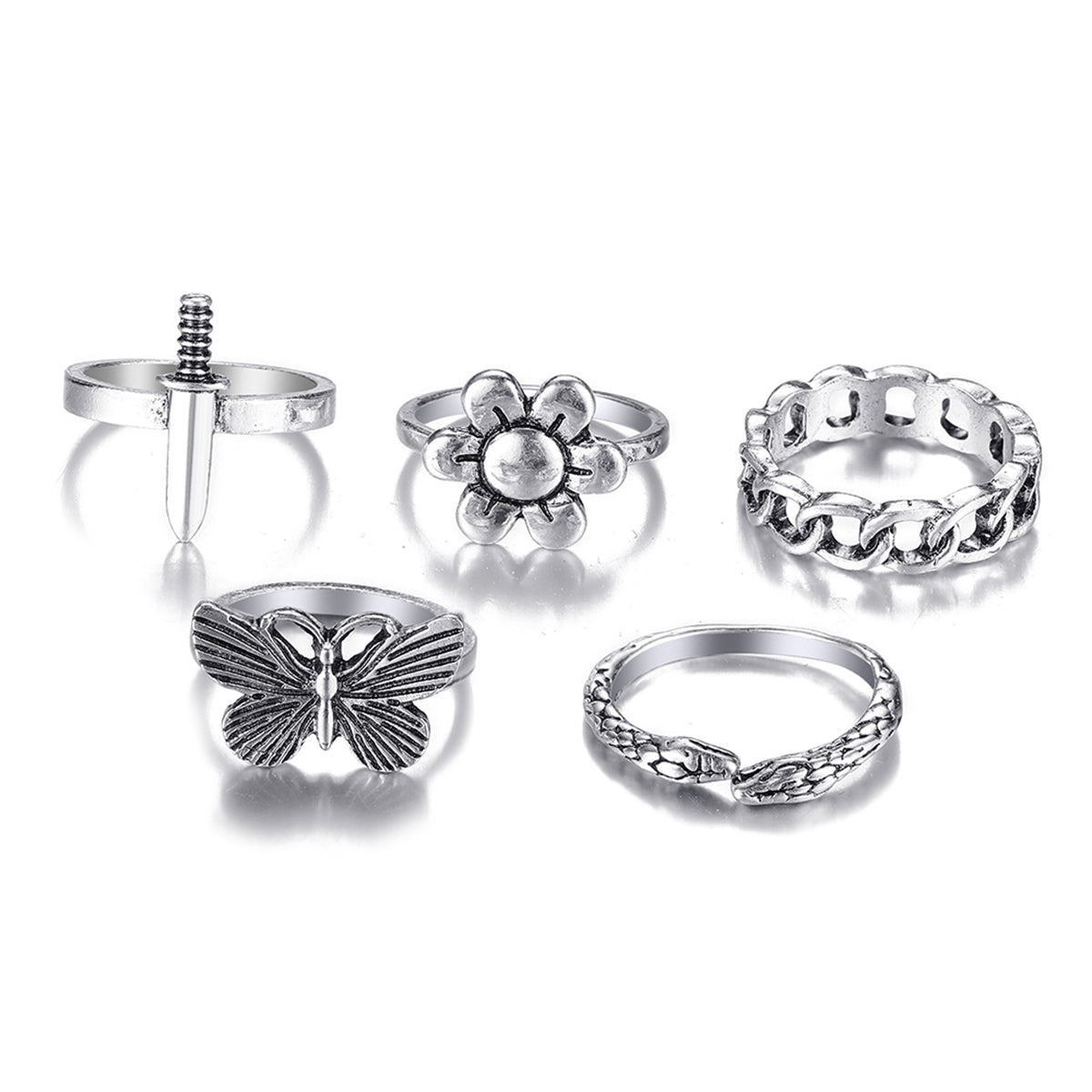 Silver-Plated Butterfly Snake Flower Ring Set