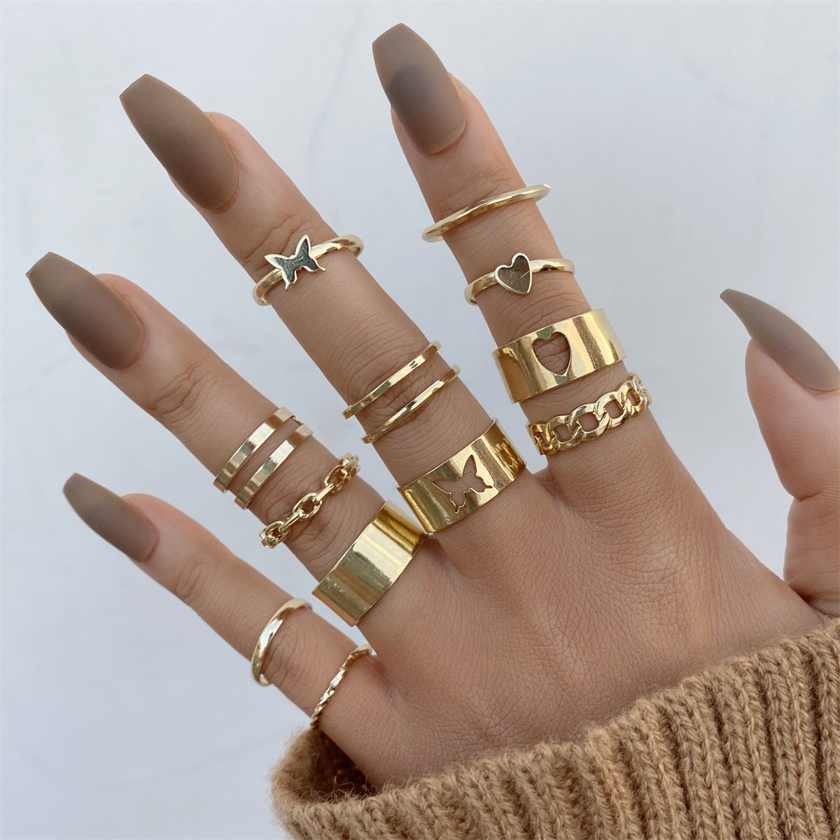 18K Gold-Plated Heart Ring Set, jewelry gift sets for women, botanical inspired, front view