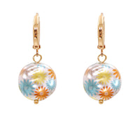 White Floral Imitation Pearl & Goldtone Drop Earrings