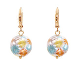 White Floral Imitation Pearl & Goldtone Drop Earrings