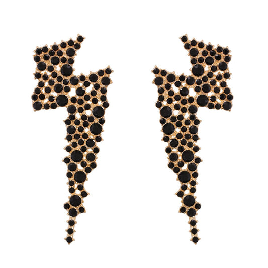 Black Cubic Zirconia and 18K Gold-Plated Lightning Stud Earrings, gold stud earrings for women, front view