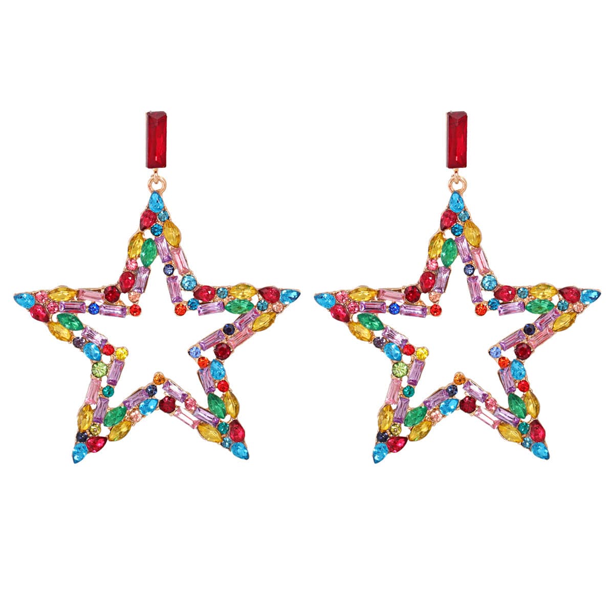 Red Multicolor Cubic Zirconia & 18K Gold-Plated Open Star Drop Earrings