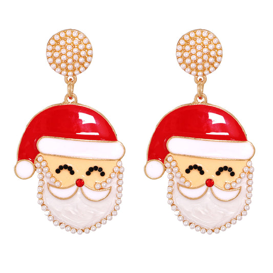 Red Enamel and Pearl 18K Gold-Plated Santa Face Drop Earrings, gold drop earrings for women, botanical inspired, front view