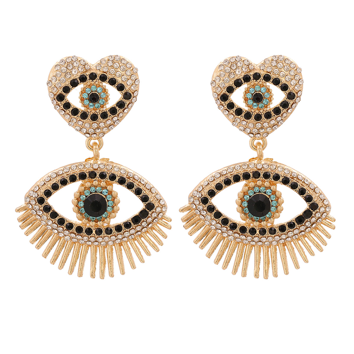 Black Cubic Zirconia and 18K Gold-Plated Evil Eye Drop Earrings, gold drop earrings for women, botanical inspired, front view