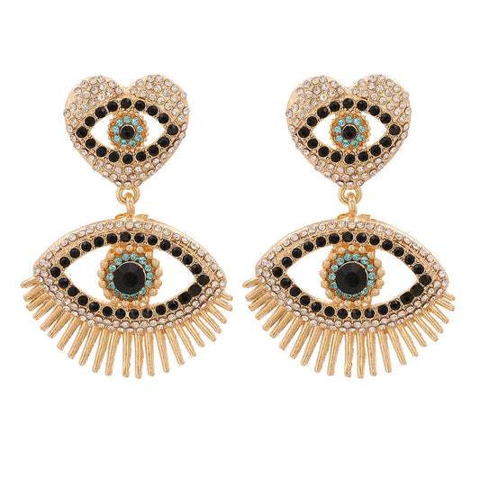Black Cubic Zirconia and 18K Gold-Plated Evil Eye Drop Earrings, gold drop earrings for women, botanical inspired, front view
