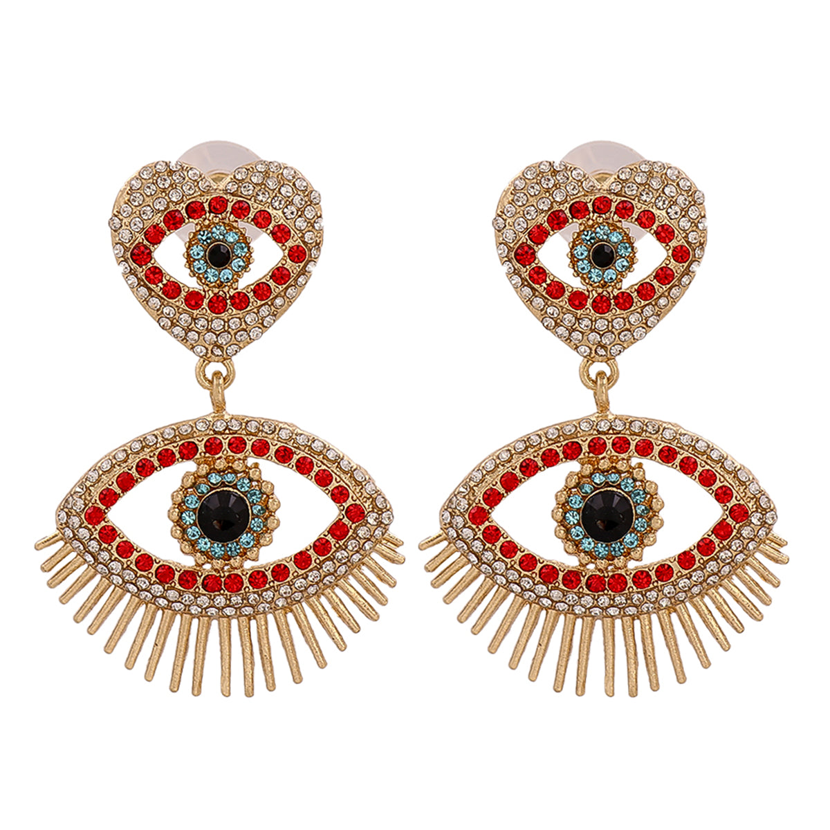 Red Cubic Zirconia and 18K Gold-Plated Evil Eye Drop Earrings, gold drop earrings for women, front view