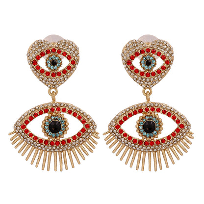 Red Cubic Zirconia and 18K Gold-Plated Evil Eye Drop Earrings, gold drop earrings for women, front view