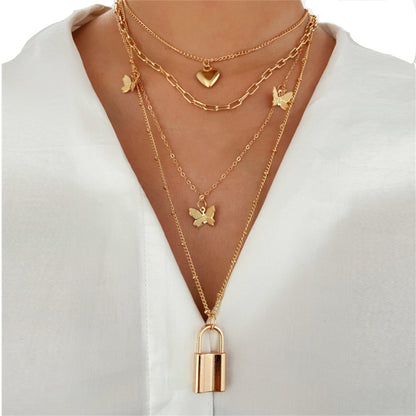 18K Gold-Plated Heart Butterfly Lock Layered Pendant Necklace, gold pendant necklace for women, everyday style, front view