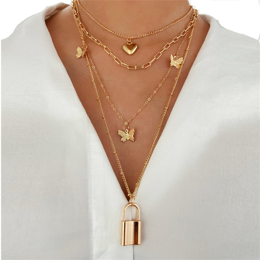 18K Gold-Plated Heart Butterfly Lock Layered Pendant Necklace, gold pendant necklace for women, everyday style, front view