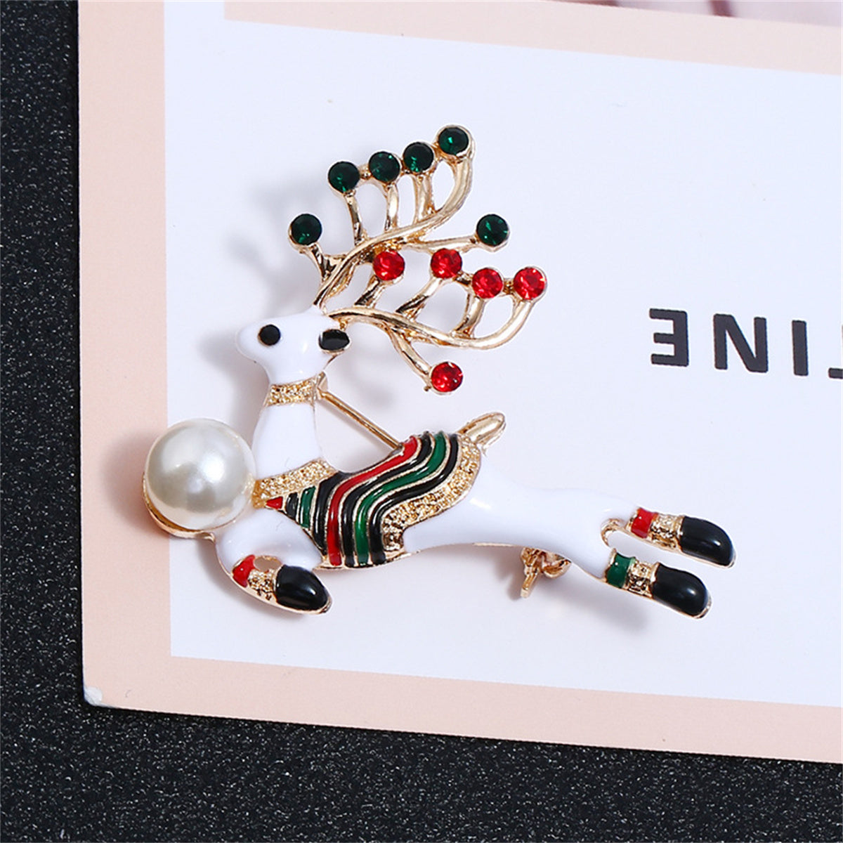 Cubic Zirconia and Pearl Enamel 18K Gold-Plated Reindeer Brooch, gold brooch pin, everyday style, detail close-up