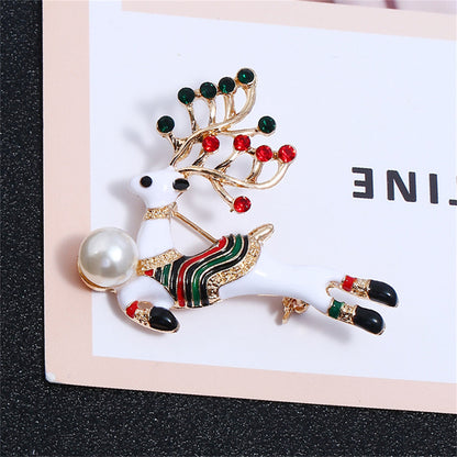 Cubic Zirconia and Pearl Enamel 18K Gold-Plated Reindeer Brooch, gold brooch pin, everyday style, detail close-up