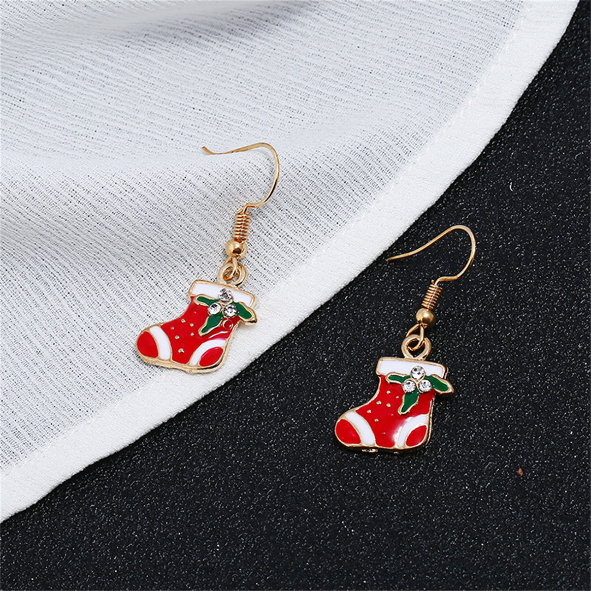 Red Enamel and Cubic Zirconia Stocking Drop Earrings, drop earrings for women, everyday style, detail close-up