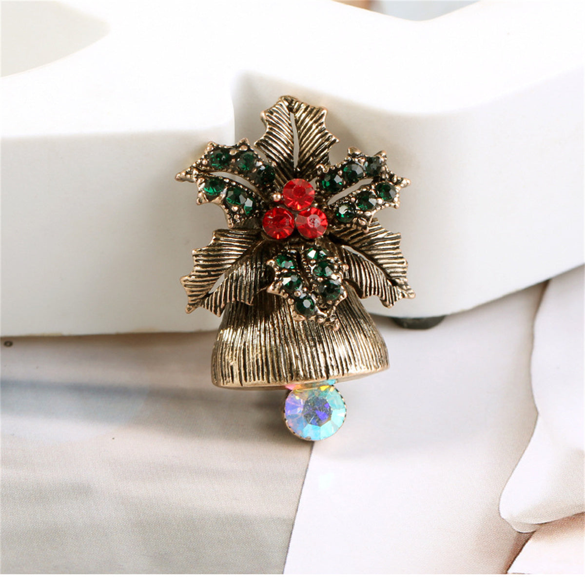 Cubic Zirconia & 18K Gold-Plated Flower Christmas Bell Brooch