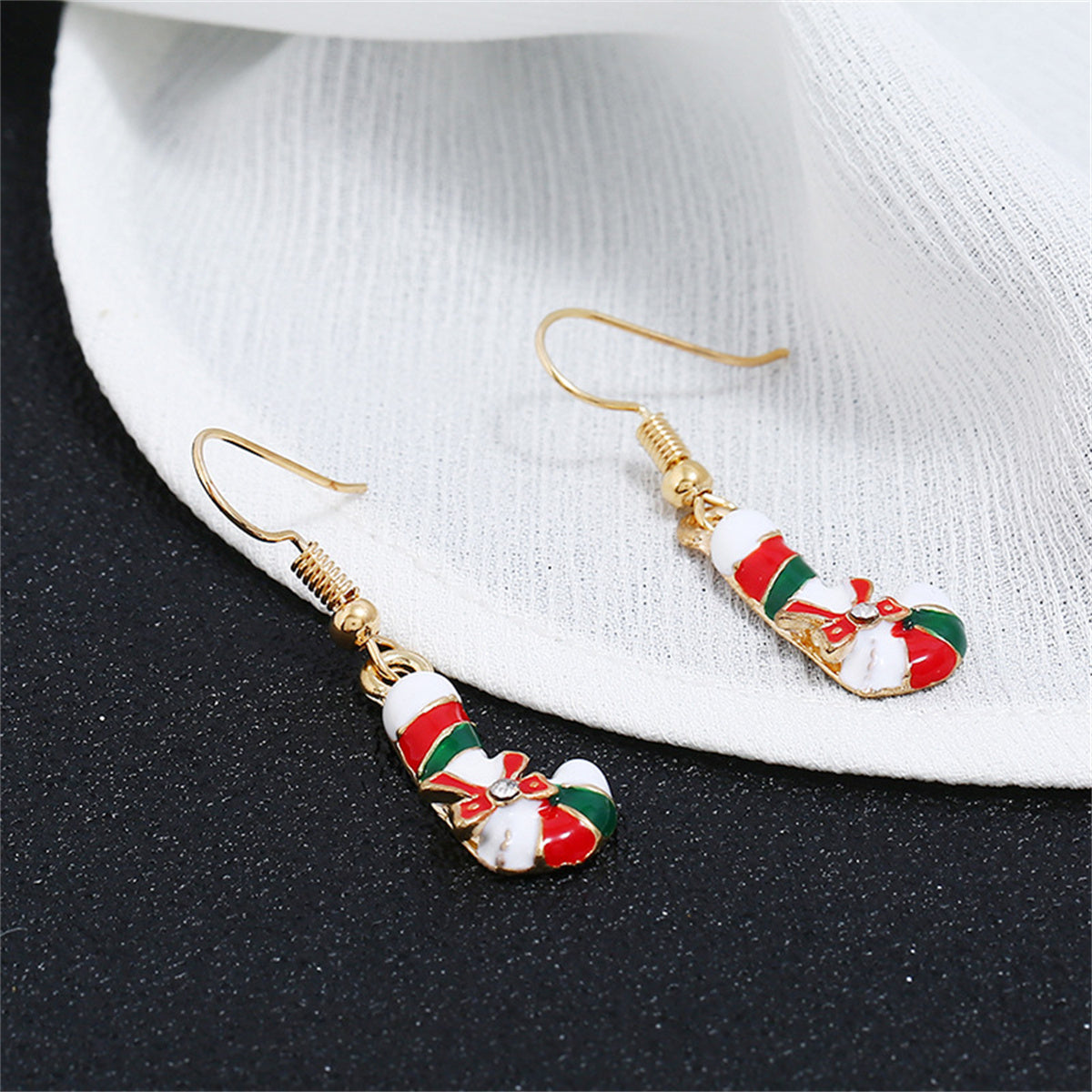 Cubic Zirconia & Enamel 18K Gold-Plated Christmas Crutch Drop Earrings